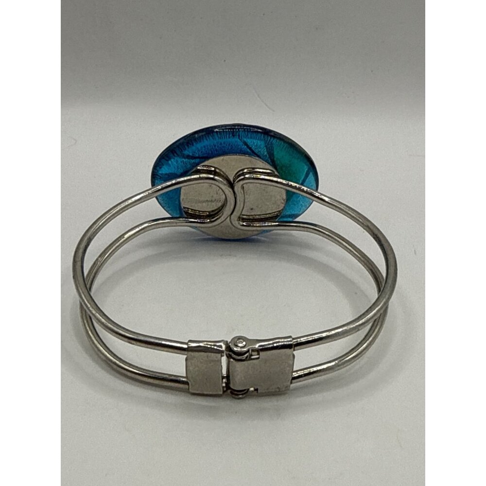 Boho Dichroic Glass Swirl Clamper Bracelet Iridescent Blue Green Silver Tone - Picture 2 of 4